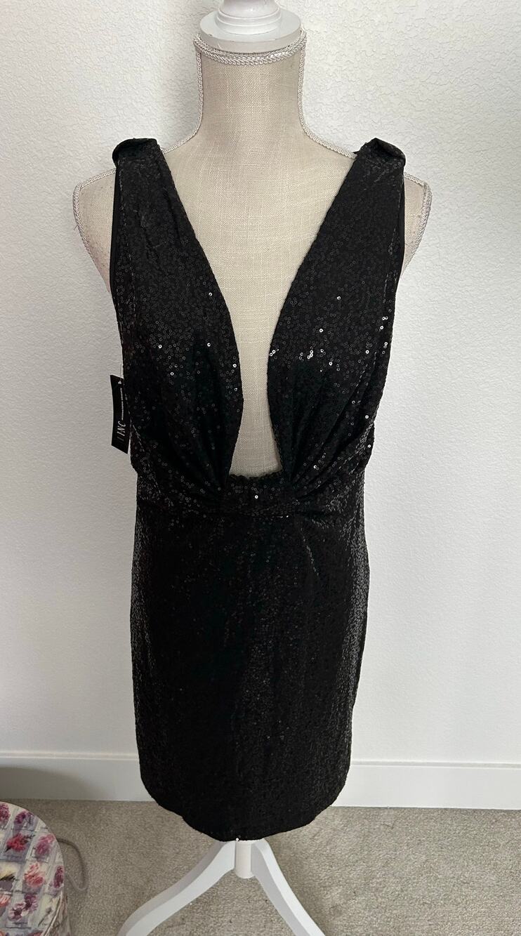 INC International Concepts Black Sequins Be Mystical Plunging Neckline Dress - S